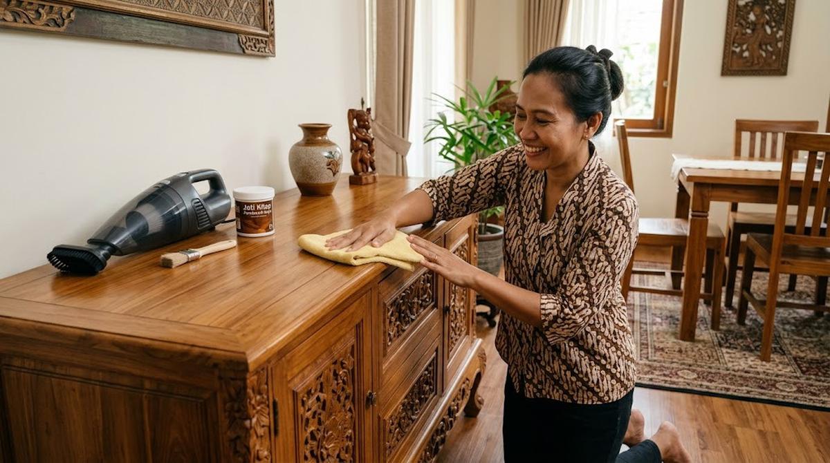 Ilustrasi Cara Membersihkan Debu di Furnitur Kayu Jati/AI Generated