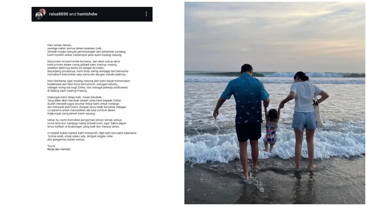 Raisa dan Hamish umumkan berpisah. Namun, keduanya tetap kompak membesarkan putri mereka, Zalina, dengan penuh cinta. (Dok: Instagram @raisa6690 dan @hamishdw)
