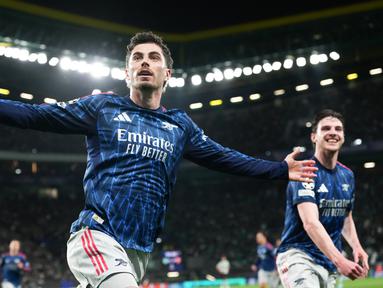 Pemain Arsenal, Kai Havertz, melakukan selebrasi setelah mencetak gol ke gawang Sporting CP pada leg pertama perempat final Liga Champions 2025/2026 di Estadio Jose Alvalade, Rabu (8/4/2026). (AP Photo/Armando Franca)