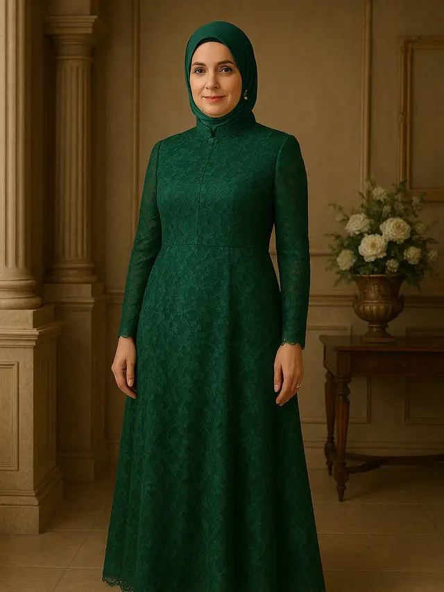 Model Gamis Brokat Warna Emerald Green 2025 untuk Usia 45 Tahun