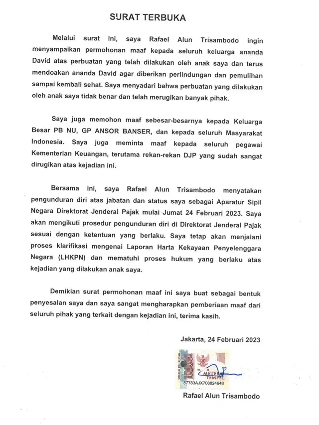 Surat terbuka Rafael Alun Trisambodo yang berisi pengunduran dirinya sebagai Pegawai Negeri Sipil (PNS) di DJP dan permintaan maaf atas perbuatan yang dilakukan anaknya. (Istimewa)