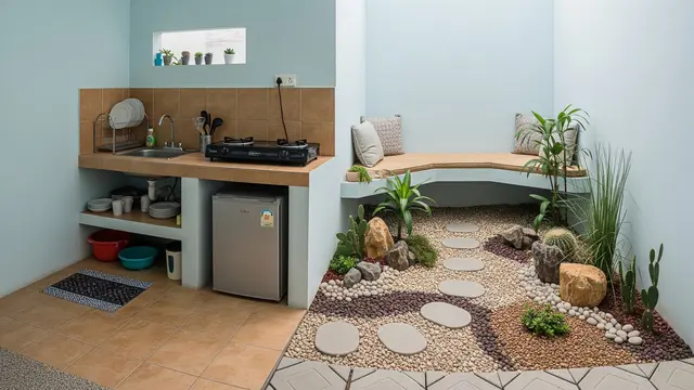 Dapur Mini dengan Taman Kering dan Area Duduk