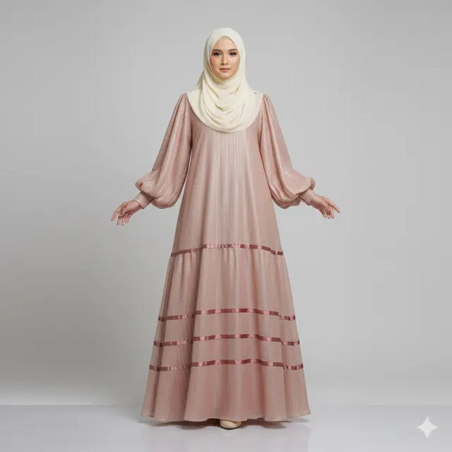Gamis Shimmer Model Tiered dengan Aksen Pita