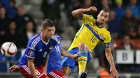 PERINGKAT IV -  Penyerang gaek Swedia, Zlatan Ibrahimovic berada pada peringkat keempat deretan pencetak gol terbanyak pada kualifikasi Piala Eropa 2016 dengan delapan gol dari delapan pertandingan. (AFP Photo/Michele Limina)