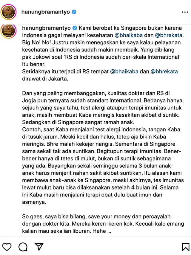 Unggahan Hanung Bramantyo. (Foto: Dok. Instagram @hanungbramantyo)
