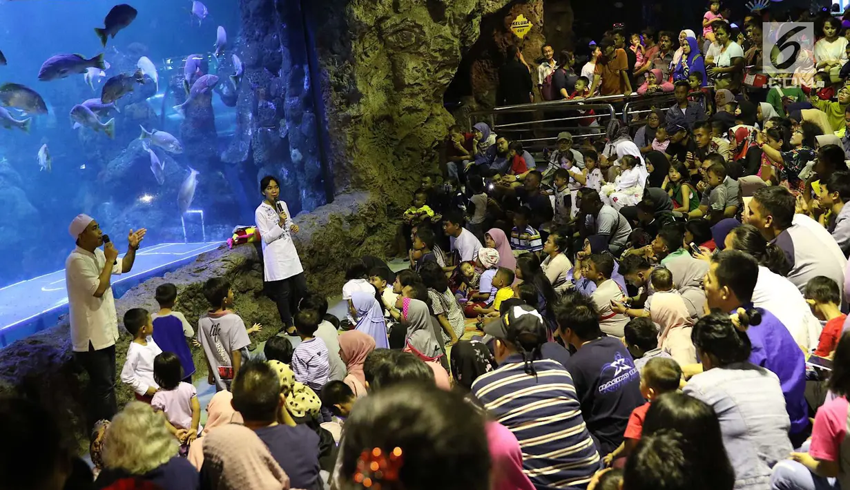 Suasana saat pengunjung menyaksikan atraksi bermain bola di dalam aquarium Sea World, Jakarta, Sabtu (16/6). Atraksi tersebut digelar dalam rangka menyemarakkan ajang Piala Dunia 2018 yang berlangsung di Rusia. (Liputan6.com/Immanuel Antonius)