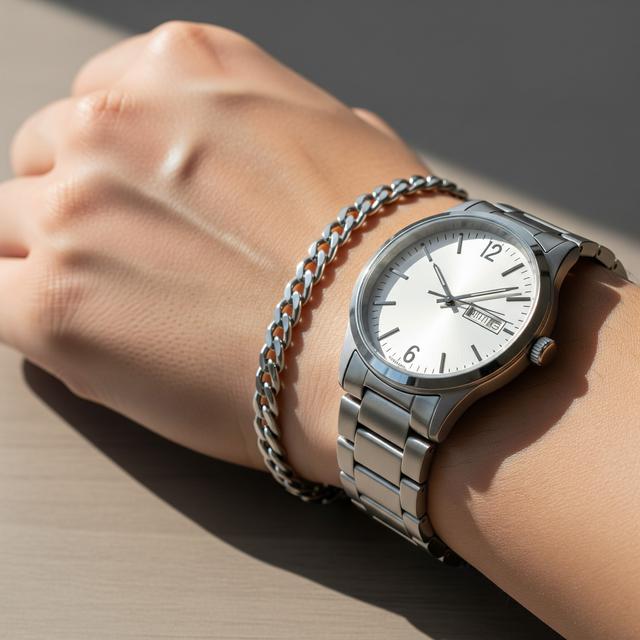 6. Gelang Rantai Stainless Motif Simpel dengan Jam Tangan Klasik Silver