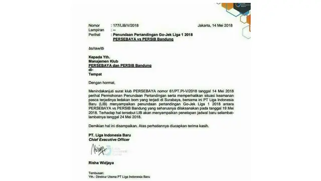 Surat penundaan laga Liga 1 2018 antara Persebaya Vs Persib