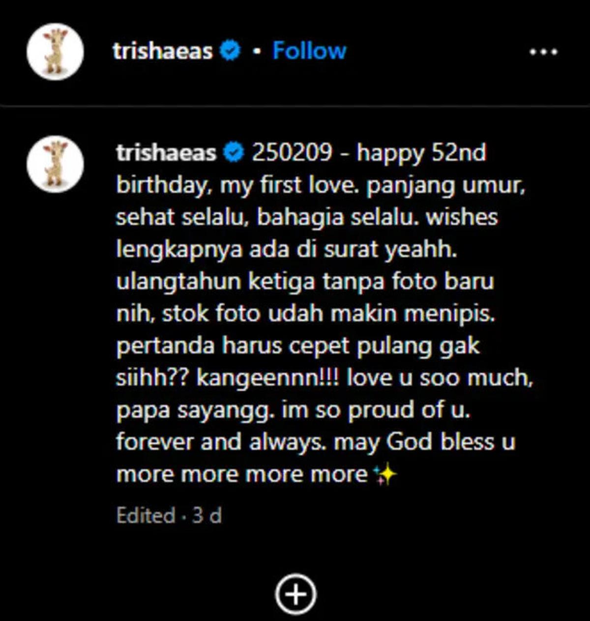 Trisha Eungelica Ardyadana Ungkap Harapan agar Ferdy Sambo Segera Pulang, Tulis Pesan Begini