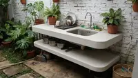 10 Desain Tempat Cuci Piring Belakang Rumah dengan Meja Cor Dua Tingkat, Hemat Ruang Minim Perawatan
