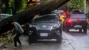 Sebuah mobil rusak tertimpa pohon tumbang di Quezon City, Filipina, 12 November 2020. Topan Vamco, topan dahsyat ketiga yang melanda Filipina dalam 11 hari terakhir, membawa angin kencang dan hujan deras yang memicu tanah longsor, longsor batu, serta bandang. (Xinhua/Rouelle Umali)