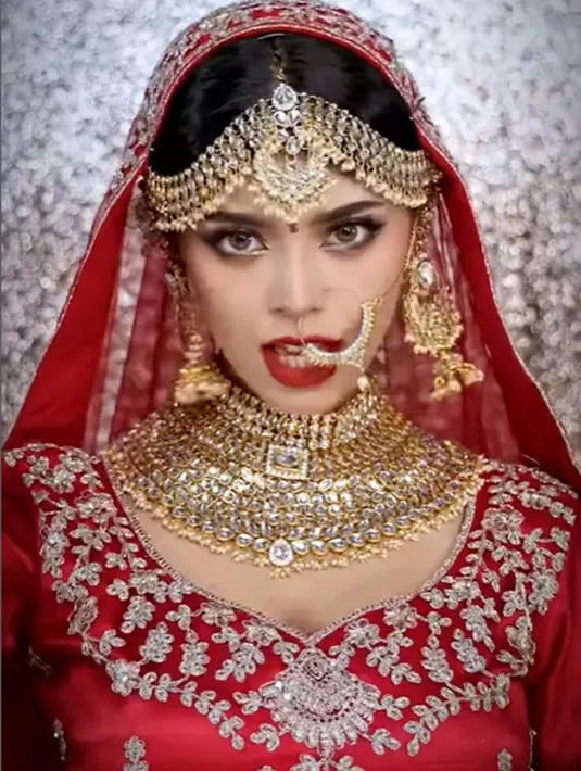 Look kedua adalah makeup pengantin India, lengkap dengan saree pengantinnya. [Foto: Instagram/jharnabhagwani]