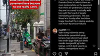 Tangkapan layar dari akun @johanstravel yang menunjukkan pengendara motor naik ke trotoar di Jalan Pramuka. (dok. Instagram @johanstravel/https://www.instagram.com/reel/C6TX48ONeT9/?utm_source=ig_web_copy_link&igsh=MzRlODBiNWFlZA==/Rusmia Nely)