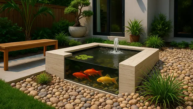 Ide Model Rumah yang Trending 2025 dengan Banyak Tumbuhan dan Kolam Ikan (Image by ChatGPT)