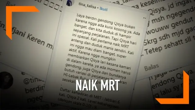 Lewat instagram, Tina Talisa membagikan pengalaman saat naik MRT bersama anak-anaknya. Saat itu, Tina tengah berdiri sambil menggendong anaknya di MRT.