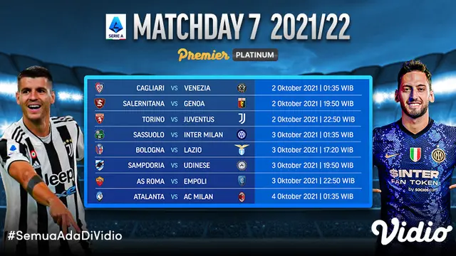Jadwal dan Live Streaming Liga Italia Serie A 2021 / 2022 Matchday 7 di Vidio, 2-4 Oktober 2021