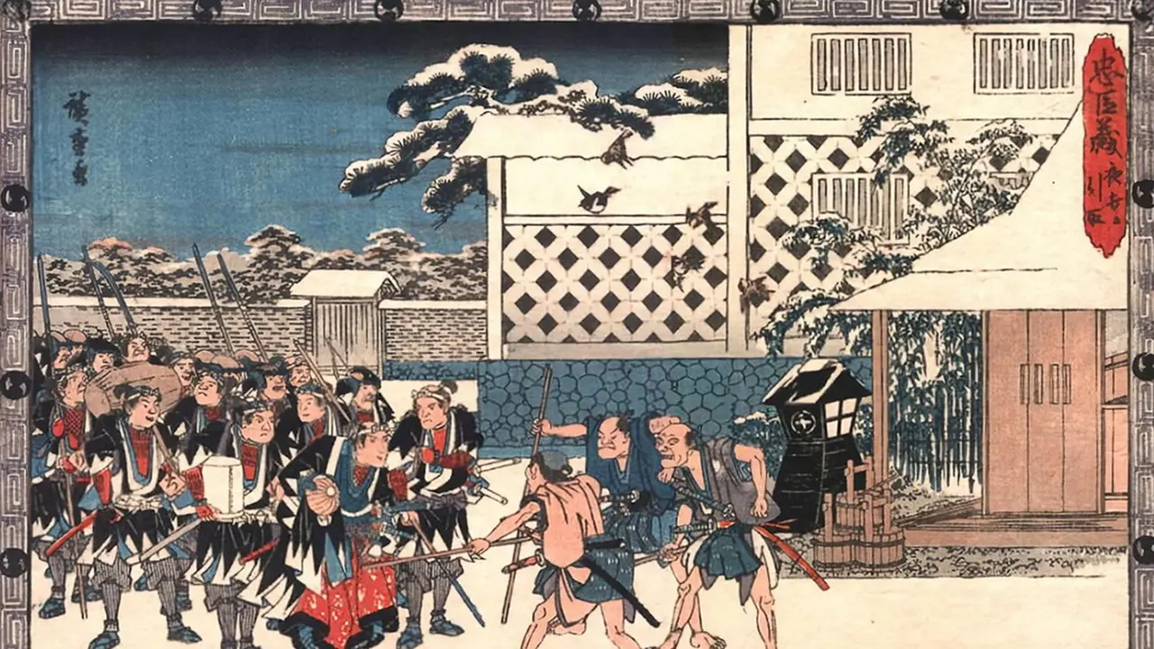 47 ronin usai beraksi. Mereka dicegat warga dan ditraktir.