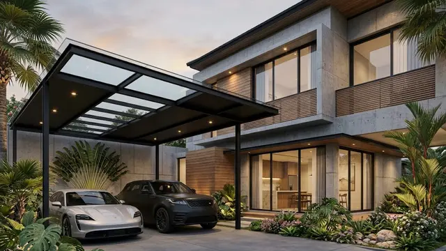 Carport Industrial dengan Skylight Transparan dan Lampu Downlight
