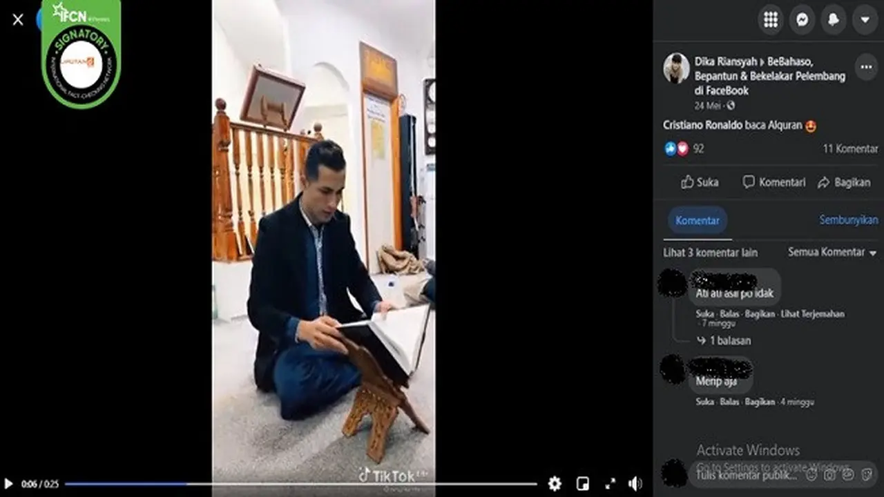 Gambar Tangkapan Layar Video yang Diklaim Cristiano Ronaldo Tengah Membaca Alquran (sumber: Facebook).