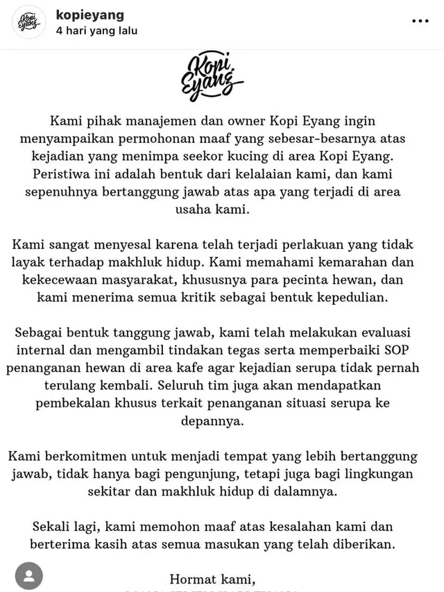 Permintaan maaf pihak kafe kopi eyang
