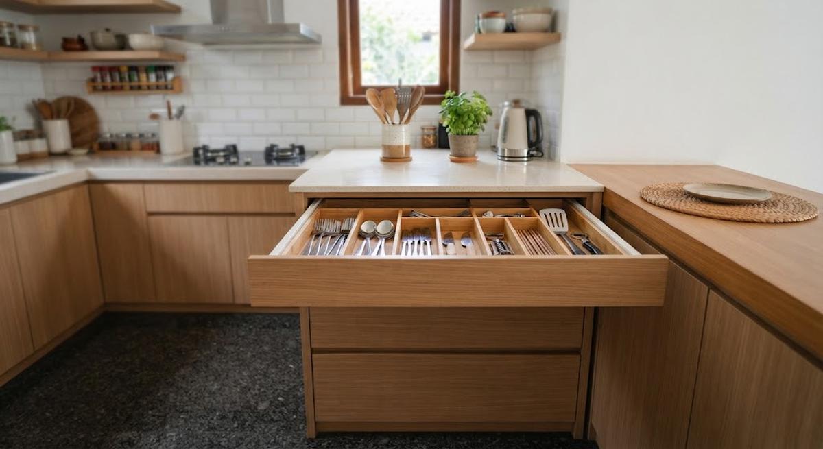 Tempat penyimpanan dapur minimalis modern yang cocok untuk rumah tipe kecil model laci dapur untuk alat makan