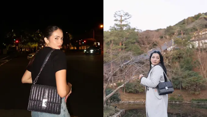 Enzy Storia dan Hesti Purwadinata dengan tas ikonis Deco Quilted Glitter Suede Bag dari Kate Spade New York (Foto/Sumber: Kanmo Group)