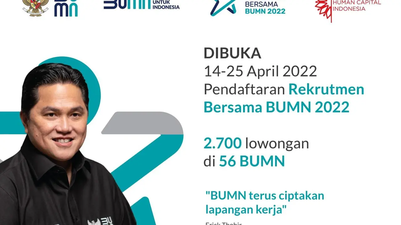 Kementerian Badan Usaha Milik Negara (BUMN) membuka 2.700 lowongan kerja lewat program Rekrutmen Bersama BUMN 2022.