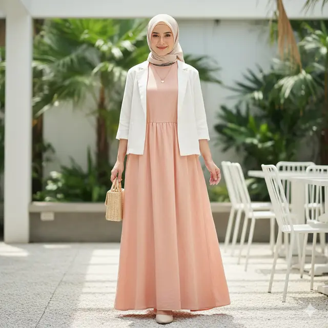 Gamis Empire Waist dengan Blazer Lengan Pendek (Gemini AI)