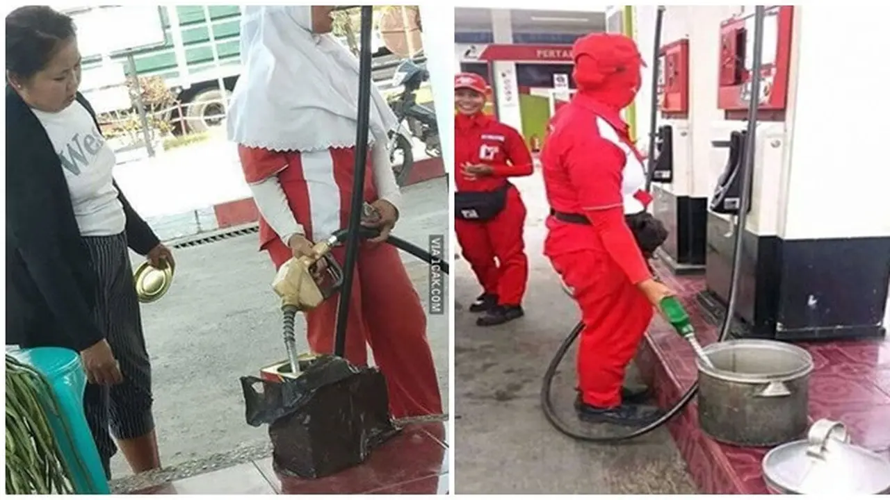 Wadah Nyeleneh Saat Isi Bensin di SPBU Ini Kocak Abis, Cuma Di Indonesia