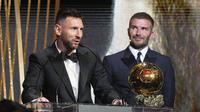 Lionel Messi berhasil meraih penghargaan Ballon d'Or 2023 pada malam penghargaan yang berlangsung di&nbsp;Theatre du Chatelet, Paris, Selasa (31/10/2023) dini hari WIB. Messi mengungguli nama-nama beken lainnya, seperti Erling Haaland dan Kylian Mbappe. (AP Photo/Michel Euler)