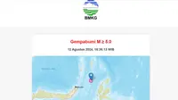 Gempa terkini membuat wilayah Pulau Doi, Provinsi Maluku Utara (Malut) pada hari ini, Senin (12/8/2024). Lindu tersebut menggetarkan pada pukul 18:36:13 WIB malam tadi. (www.bmkg.go.id)