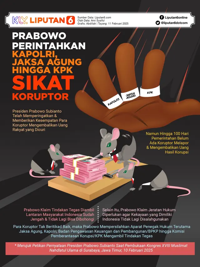 <p>Infografis Prabowo Perintahkan Kapolri, Jaksa Agung hingga KPK Sikat Koruptor. (Liputan6.com/Abdillah)</p>