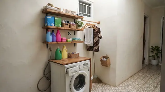 Inspirasi laundry kecil di rumah tanpa banyak renovasi sehingga jadi ruang cuci anti sempit dengan variasi rak dinding
