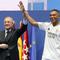 Dalam acara tersebut dihadiri Presiden Real Madrid Florentino Perez dan legenda klub Zinedine Zidane. (AP Photo/Andrea Comas)