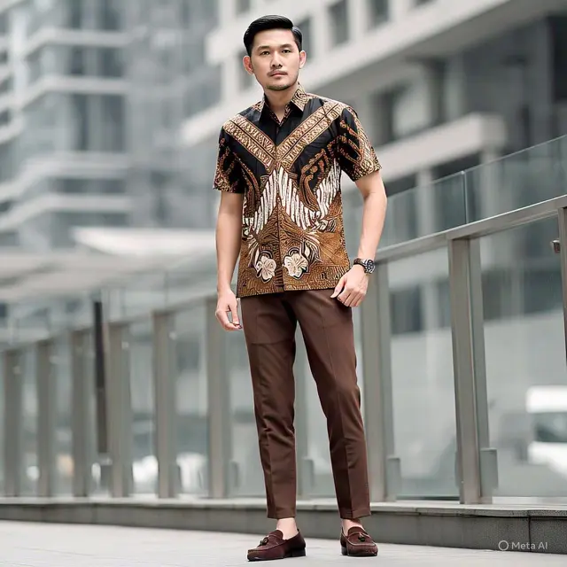 Celana Pleated Coklat dengan Kemeja Batik