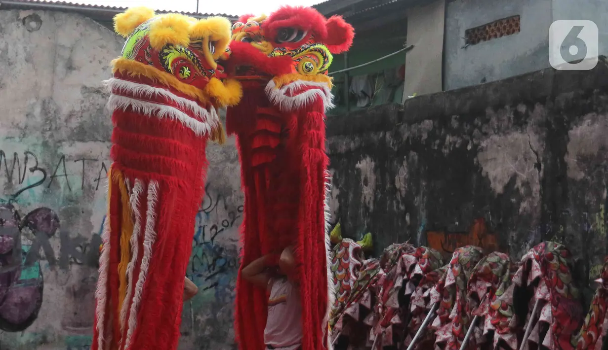 Pemain dari kelompok barongsai Naga Merah Putih Bogor melakukan latihan dengan Barongsai di kawasan Babakan Pasar, Kota Bogor, Jawa Barat, Rabu (11/1/2023). Latihan tersebut  untuk mempersiapkan penampilan menyambut Tahun Baru Imlek. (Liputan6.com/Herman Zakharia)