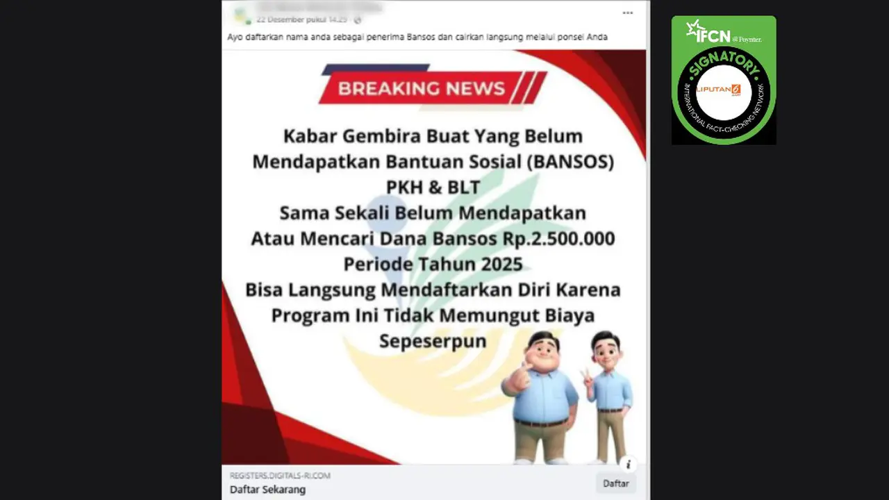 Tangkapan klaim link pendaftaran untuk mendapatkan bansos PKH yang beredar di Facebook.