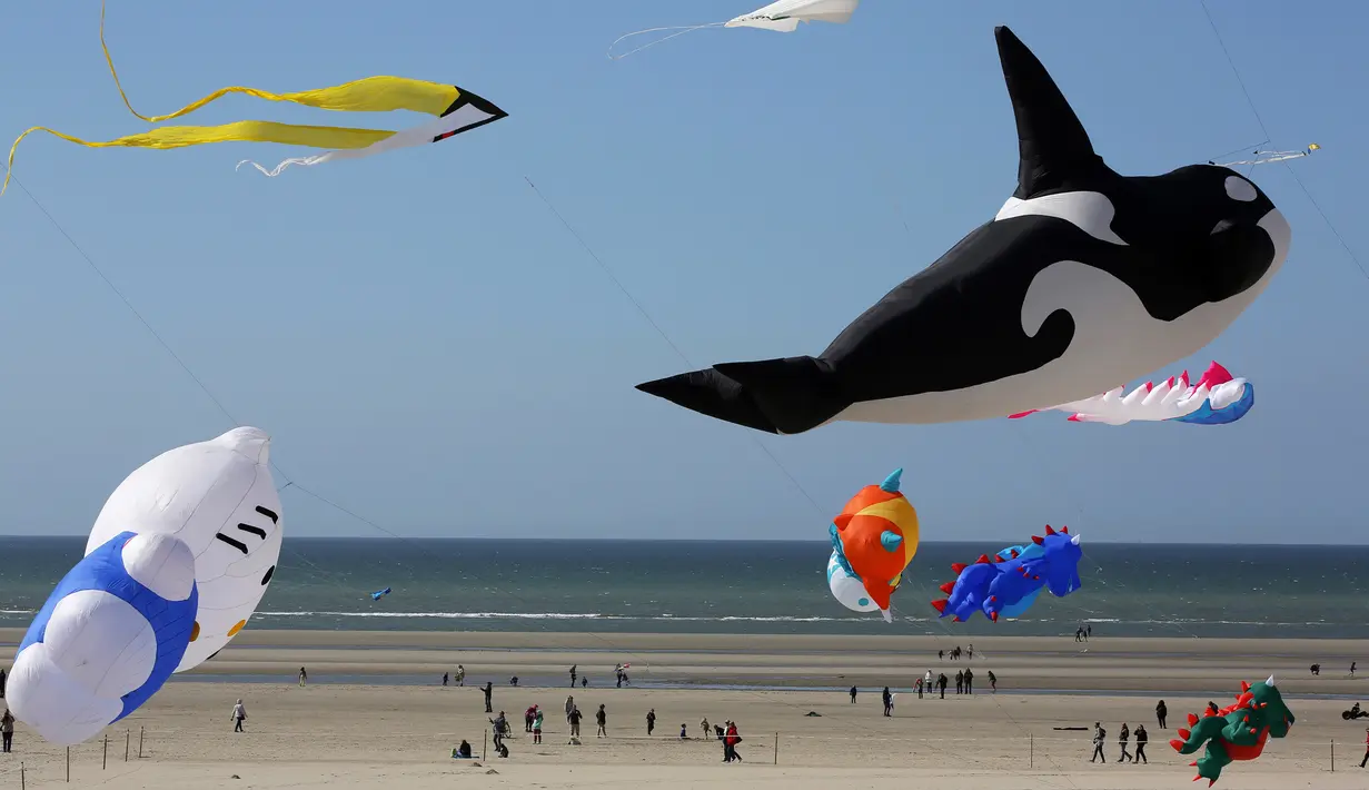 Sejumlah Layang-layang menghiasi langit selama festival Layang-layang Internasional ke-31 di Berck, Prancis, (6/4). Festival ini diselenggarakan di Berck-sur-Mer setiap bulan April dan berlangsung selama 10 hari. (AP Photo / Thibault Camus)