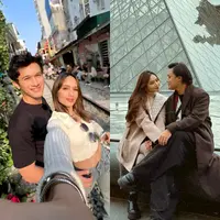 Mahalini ikut keluarga Rizky Febian liburan di Eropa. Begini penampilan kompak Rizky dan Mahalini berpose di depan museum Louvre, Paris, keduanya tampil serasi kenakan long coat. [@rizkyfbian]