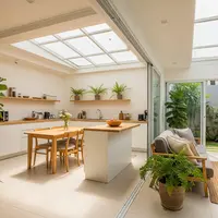 Semi Outdoor Scandinavian yang Segar/Desain Dapur dan Ruang Tamu Menyatu Bergaya Skandinavia Cerah (Sumber: gemini.com)
