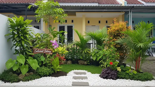 Inspirasi Taman Tropis Mini untuk Rumah Subsidi Model dengan Kombinasi Batu Koral