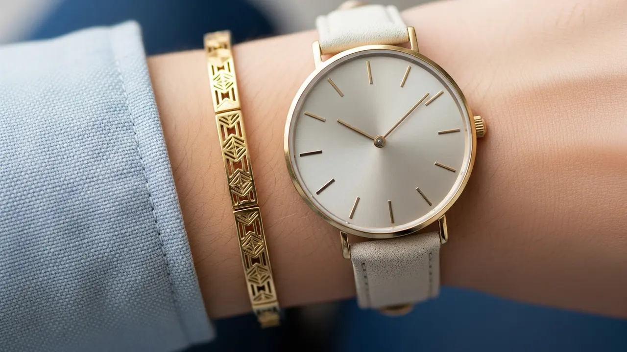 Kombinasi Gelang Emas Tipis dan Jam Tangan Klasik