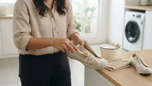 Menyikat Sepatu Kanvas dengan Sikat Halus
