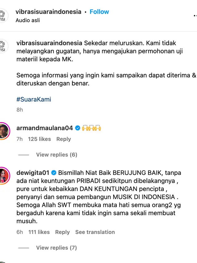 Unggahan VISI. (Foto: Dok. Instagram @vibrasisuaraindonesia)