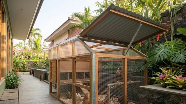 Kandang Ayam dengan Atap Kombinasi Transparan dan Buka-Tutup