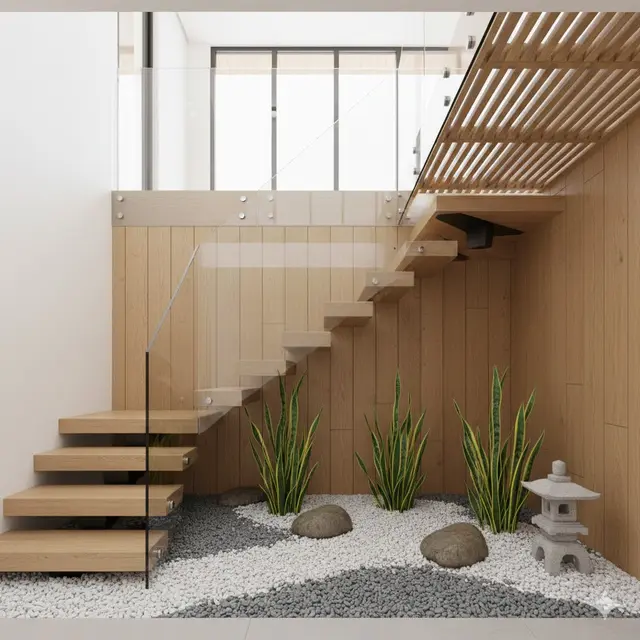 Konsep Zen Garden Bawah Tangga (Gemini AI)