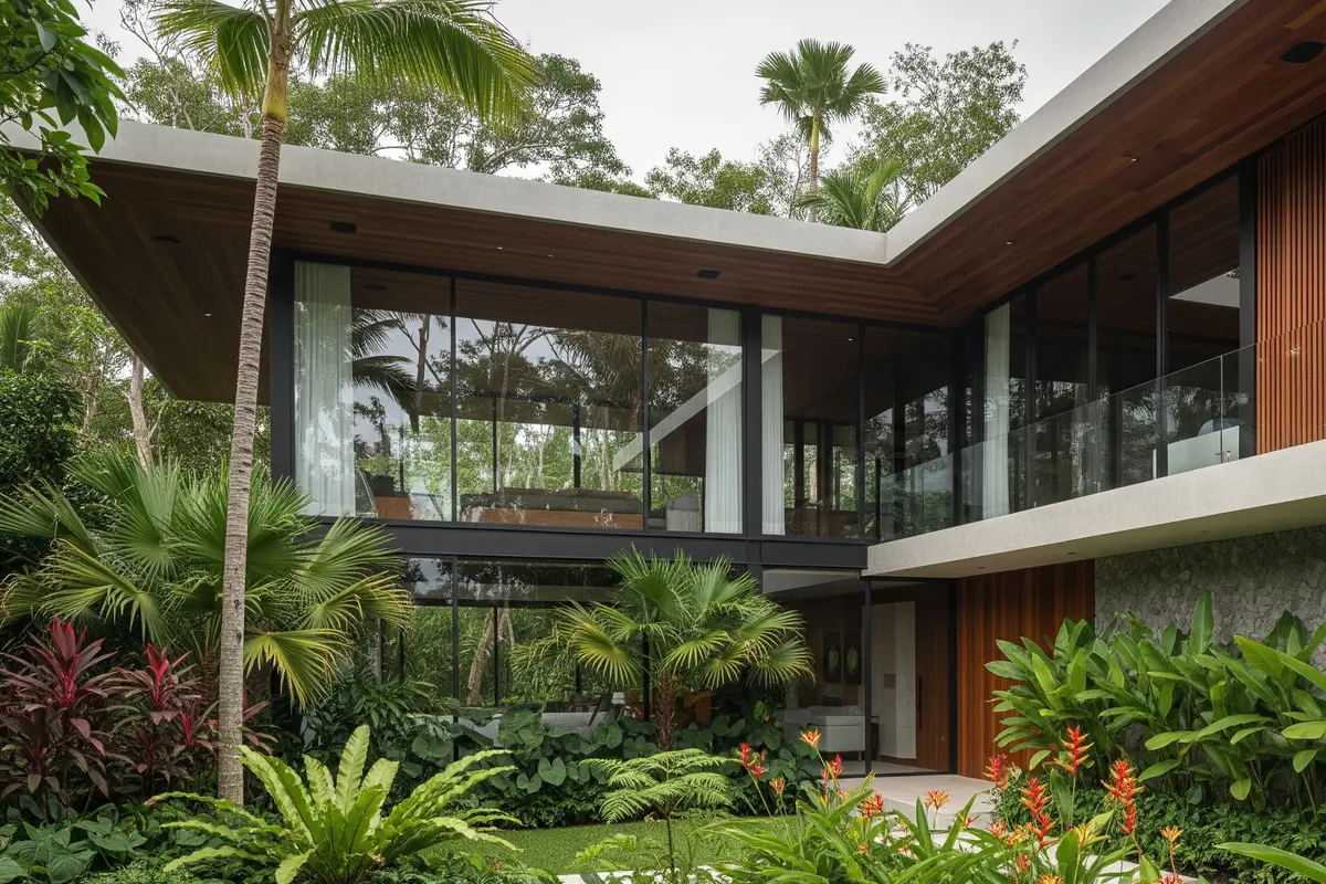 Fasad Modern dari Perpaduan Beton, Kaca, dan Kayu (AI Generated)