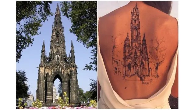 Seniman ini menggambar Monumen Walter Scott di punggung seseorang.