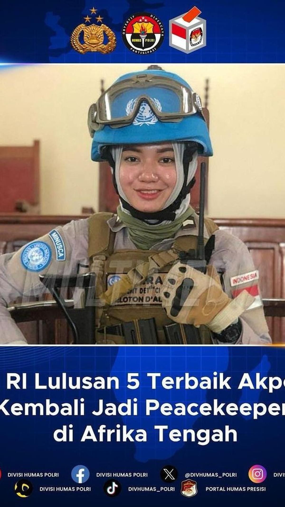 "Brigpol Tiara Nissa Zulbida kembali dipercaya menjalankan tugas sebagai ‘peacekeeper’ di bawah naungan PBB," demikian dikutip dari keterangan unggahan. <br>