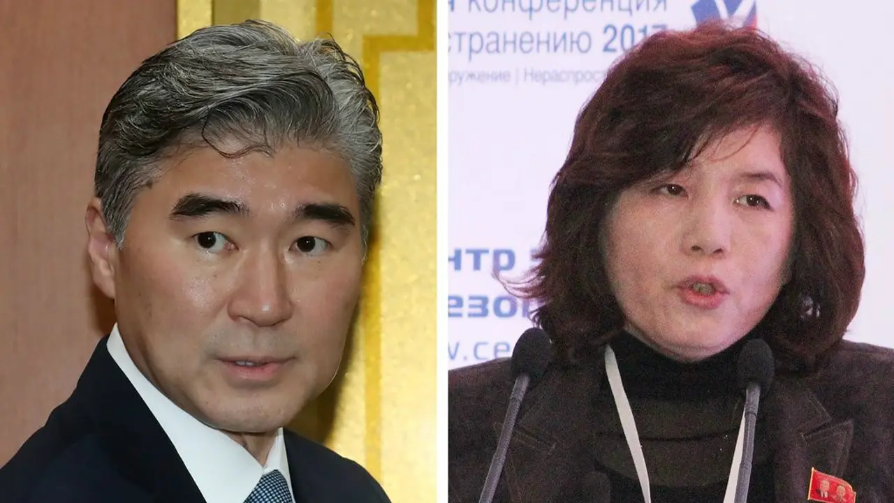 Duta Besar AS untuk Filipina Sung Kim dan Wakil Menteri Luar Negeri Korea Utara Choe Son-hui (YONHAP via KBS)